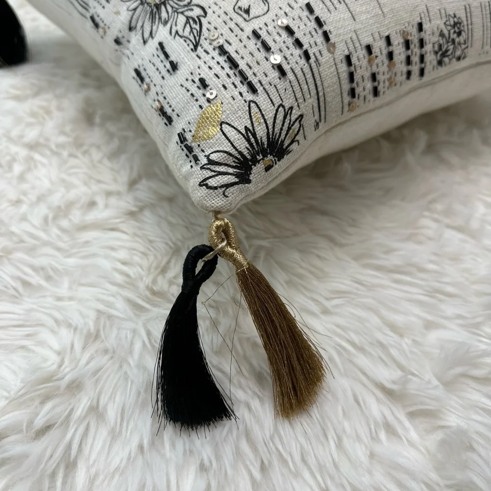 PAPER SOURCE | Black, Cream, and Gold Floral Accent Pillow